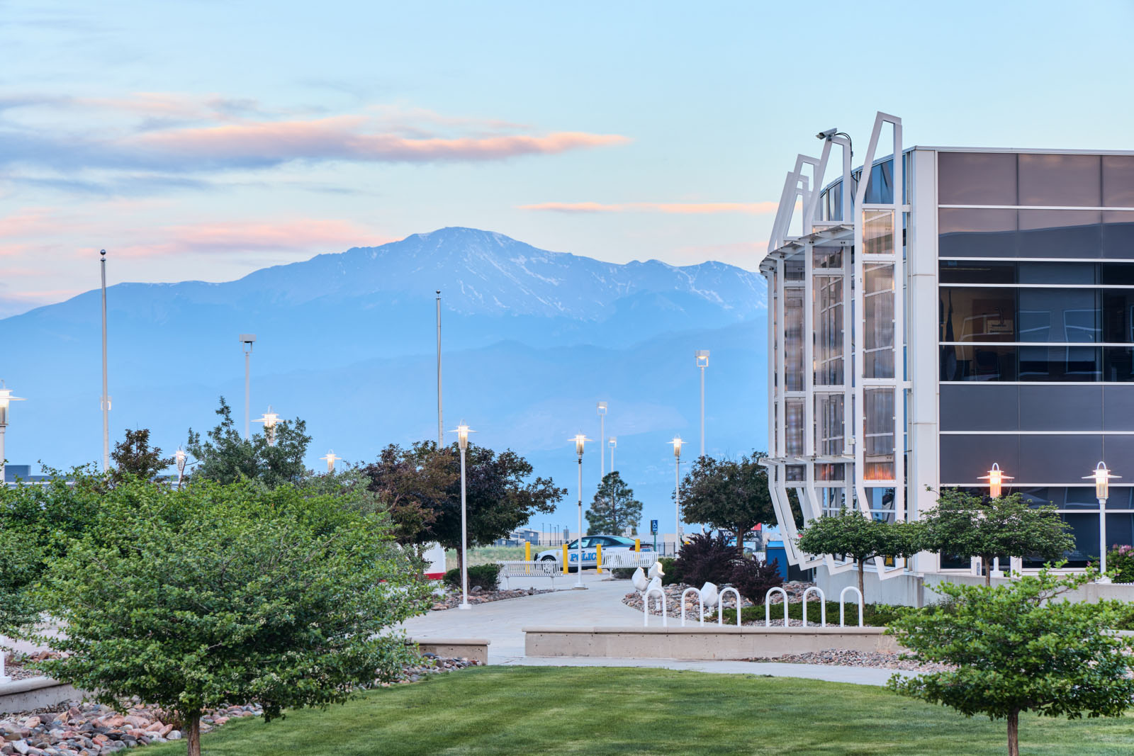 Rampart campus with mountains in background