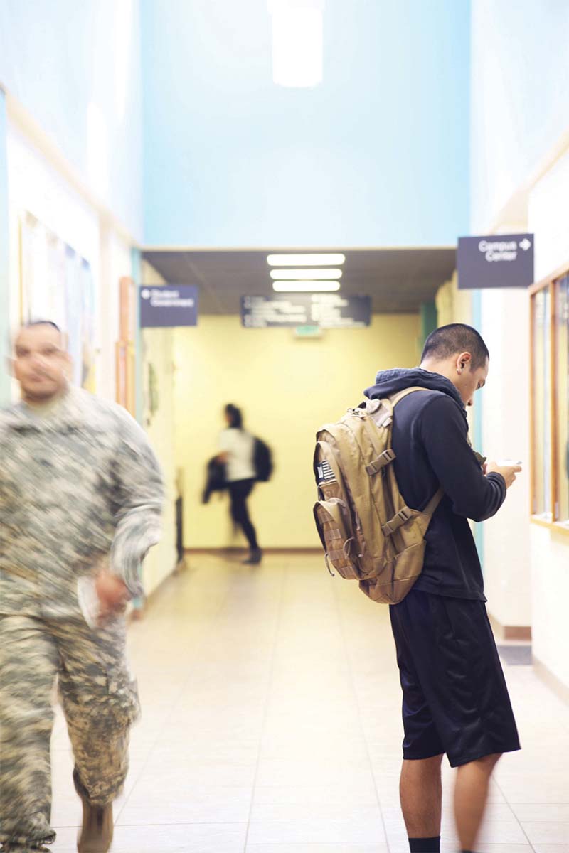 mil student in hallway