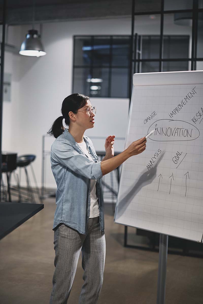 woman at a white board